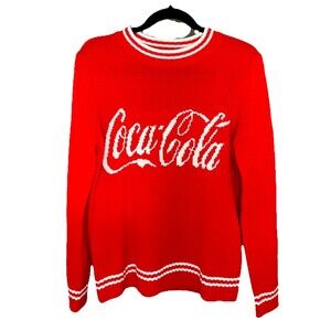 Coca-Cola Red White Knit Sweater Women's Medium Logo Crew Neck Pullover cocacola